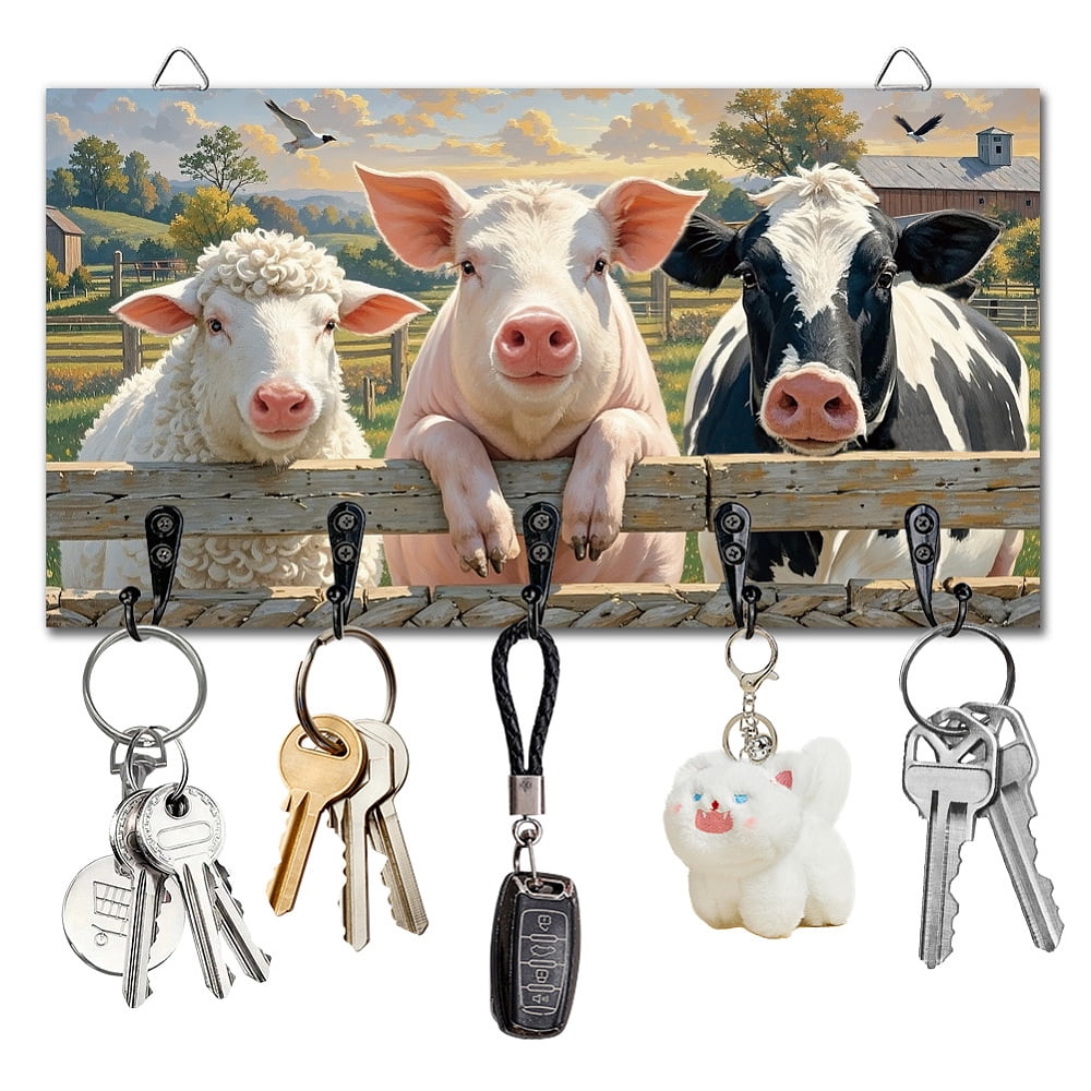 Farm Animals Key Holder Key Hooks Wall Mounted Wooden Key Racks with 5 ...