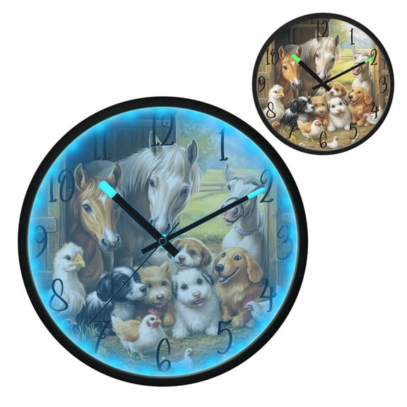 Farm Animals Luminous Wall Clock with Sound-Activated LED 12-Inch Silent Acrylic Timepiece for Bedroom Livingroom or Office