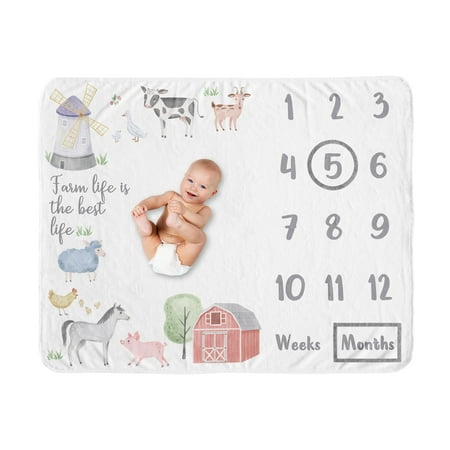Sweet Jojo Designs Farm Animals Gray Green Grey Red Fleece Milestone Baby Blanket 3 Piece Set