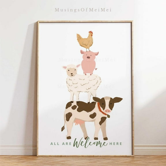 Farm Animals Nursery Print, Fun Inclusive Playroom Decor, Cute Stacked Cow Pig Sheep Chicken Art For Kids Room Classroom, Wall Art, Modern Wall Decor, 16x24 UNFRAMED