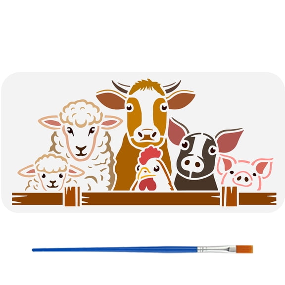 Farm Animals Painting Stencil with 1Pc Plastic Paint Brush 11.8x5.9inch Farm Fences Template Pigs Cows Sheep Chickens Pattern Animal ThemeDIY