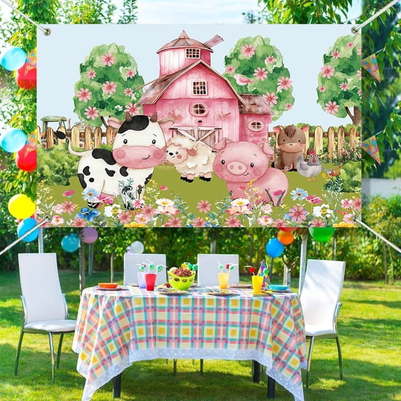 Farm Animals Party Backdrop Pink Barn Farm Photography Background for Girls Farm Animals Cows Pigs Barnyard Birthday Baby Shower Party Decorations Banner Cake Table Photo Booth Props