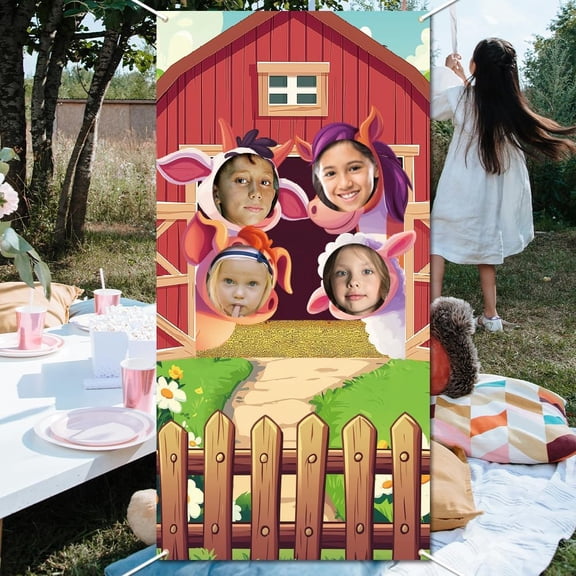 Farm Animals Photo Door Banner Farm Barn Door Background Phtography Backdrop Large Fabric Red Barn Face in Hole Hanging Banner with Rope for Farmhouse Birthday Party Supply 35.43x70.87 Inch