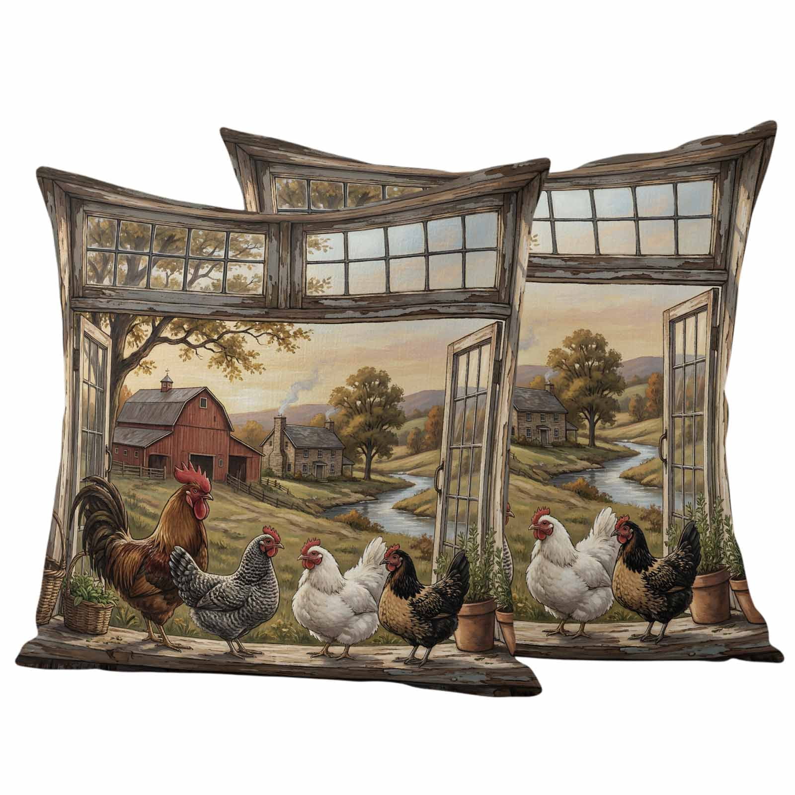 Farm Animals Pillow Covers 2 Pack Pastoral Landscape Farmhouse Rooster Hen Chicken Barn Pillowcase Waterproof Outdoor Throw Pillow Cover for Patio Garden Square Cushion 16”x16”