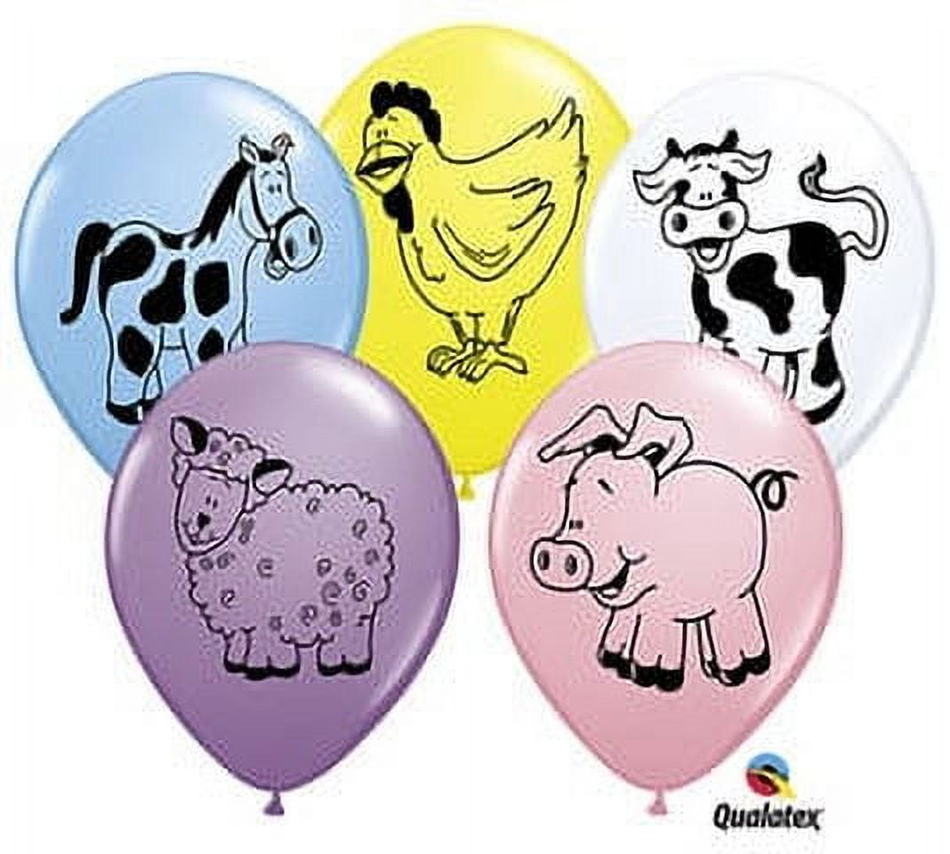 CAKESUPPLYSHOP Farm Animals Pink, Blue, Yellow, Purple, and White 11Inch Latex Balloons 12 Pack