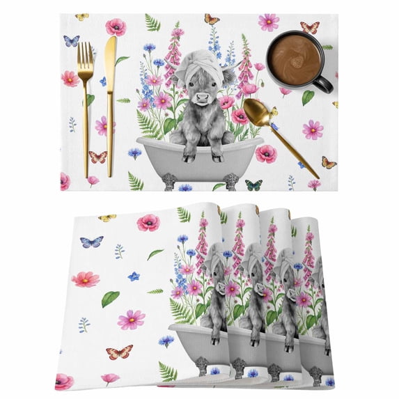 Farm Animals Placemats Set of 2, Gray Shower Cap Tub Funny Calf Cow Farmhouse Floral Non-Slip Place Mats Washable Table Mats for Kitchen Dining Table Decorations Indoor/Outdoor