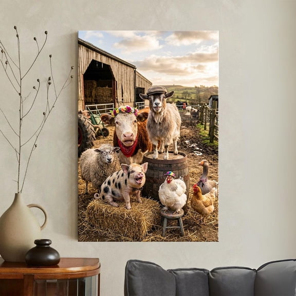 Farm Animals Print Whimsical Barnyard Wall Art Rustic Farmhouse Cow Pig Goat Sheep Country Kitchen Unframed Paper Print