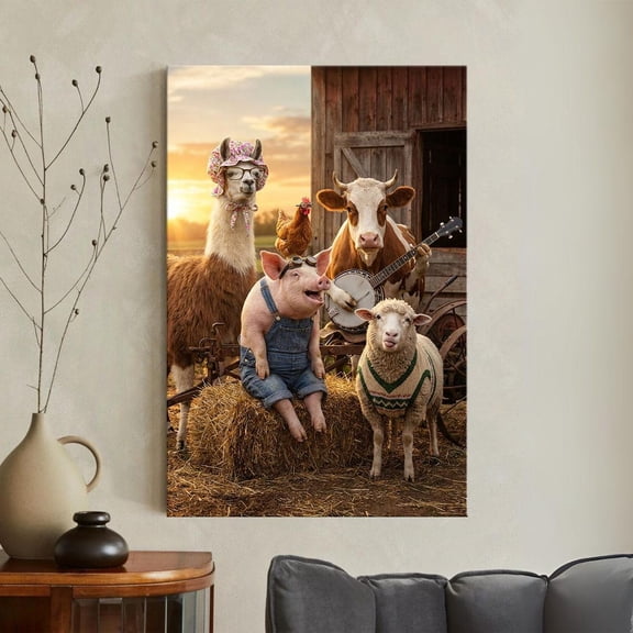 Farm Animals Print Whimsical Cow Playing Banjo Wall Art Pig In Overalls Rustic Barn Nursery Quirky Unframed Paper Print