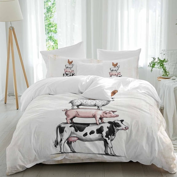 Farm Animals Queen Size Comforter Set, Cow Pig Chickens Country White Brown Distressed Bedding for All Seasons, 4 Pcs Bed Set, 1Quiltcover (90"x92") ,1Sheet(94"x116"), 2Pillowcases (30"x20")