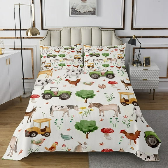 Farm Animals Quilt Sets for Twin Size Bed , Tractor Truck Bed Set , 2pcs