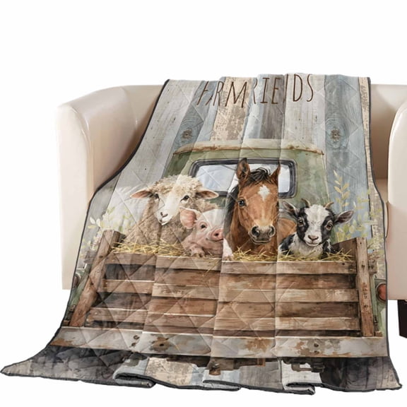 Farm Animals Quilted Comforters Cooling Blanket Queen Size, Country Sheep Horse Pig Pattern Gray Wood Grain Cold Comfort for Hot Sleepers Lightweight Air Conditioning Quilt Blanket for Bed