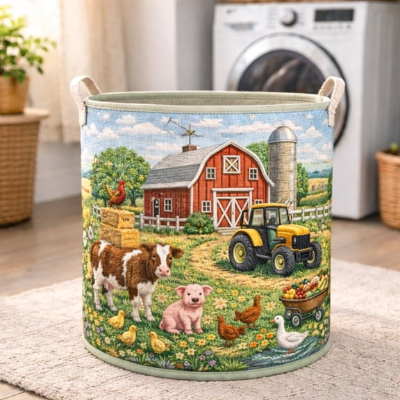Farm Animals Quilted Laundry Basket, Cute Barn Farm Storage Basket, Kids Laundry Hamper, Nursery Toy Basket, Rustic Farmhouse Dcor