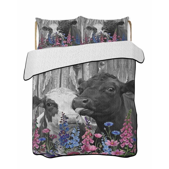 Farm Animals Quilts Bedding Set California King Funny Pair Cows Rustic Wildflower Pastoral Landscape Lightweight Quilted Bedspread 3 Piece Bed Quilt with 2 Pillow Shams for Bedroom 96" x 106"