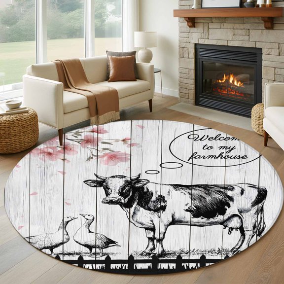 Farm Animals Round Rugs for Living Room 7ft Farmhouse Black Gray Cow Duck Flower Gray Wood Grain Non Slip Circle Rug Washable Low-Profile Indoor Carpet for Bedroom, Dining Room, Bathroom
