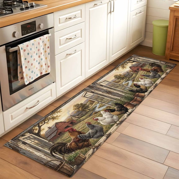 Farm Animals Runner Rug for Hallway 2x6ft, Pastoral Landscape Farmhouse Rooster Hen Chicken Barn Non Slip Floor Mat Washable Low-Profile Indoor Carpet for Living Room, Bedroom, Dining Room
