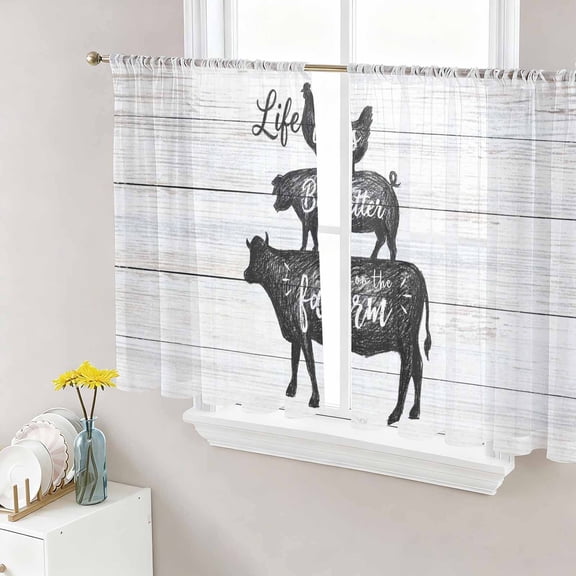 Farm Animals Semi Sheer Curtains 45 Inch Length 2 Panels Set, Chicken Pig Cattle Rustic Retro Wooden Board Sheer Kitchen Curtain Privacy Voile Window Curtain for Living Room Bedroom Rod Pocket Drapes