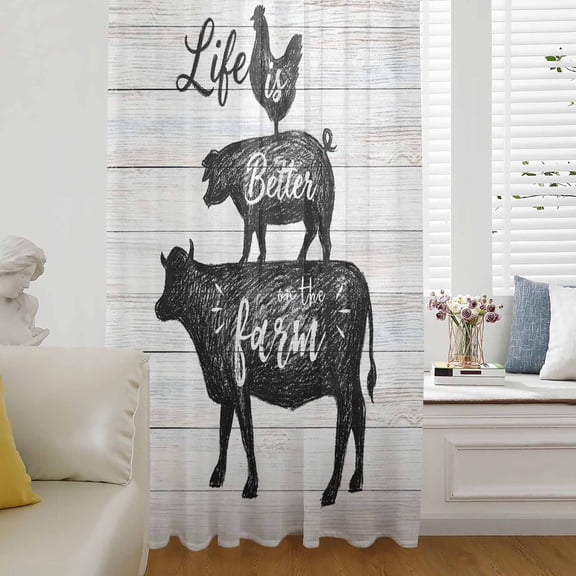 Farm Animals Sheer Curtains 45 Inch Length, Light Filtering Voile Curtain Panel, Chicken Pig Cattle Rustic Retro Wooden Board Rod Pocket Drapes Window Treatments for Living Room Bedroom 52"x45"