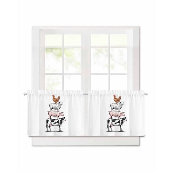 Farm Animals Short Blackout Curtains 24 Inch Long Cow Pig Chickens Countryside White Background Rod Pocket Kitchen Curtains, 2 Panels Thermal Insulated Darkening Drapes for Bedroom, 30"W x 24"L