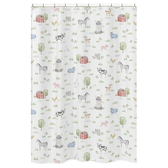 Farm Animals Shower Curtain - Watercolor Farmhouse Horse Cow Sheep Pig Bath Decor - 72x72in Brushed Microfiber Fabric