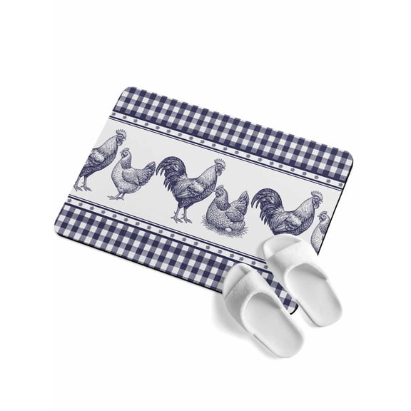 Farm Animals Soft Diatomaceous Earth Mat, Graffiti Line Drawing Rooster Hen Farmhouse Plaid Absorbent Bath Mat Non Slip Rubber Backed Quick Dry Doormat Fit Under Door for Bathroom Kitchen 16"x24"