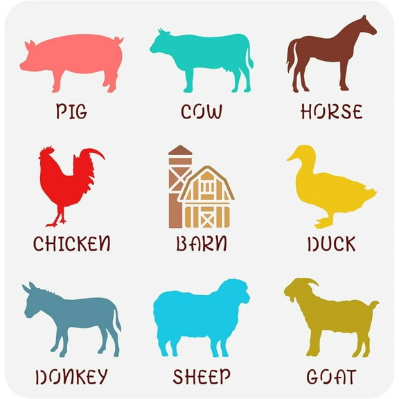 Farm Animals Stencil Set - 11.8x11.8inch Pig Cow Horse Chicken Barn Duck Donkey Sheep Goat Animal Stencil Templates 1pc