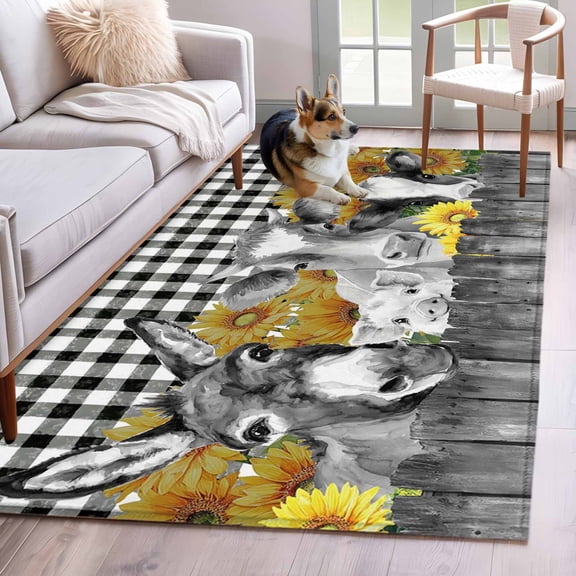 Farm Animals Sunflowers Area Rug 4'x6', Black White Checkered Plaid Washable Non-Slip Rugs, Low Pile Large Carpet for Living Room Bedroom Dining Room Kitchen Office Indoor Mat