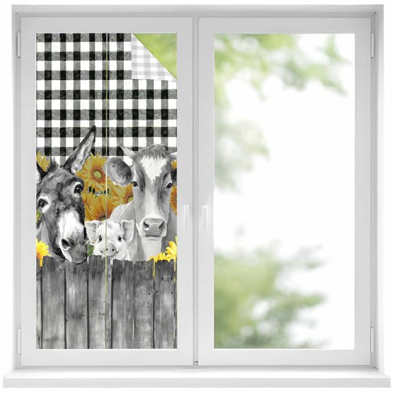 Farm Animals Sunflowers Window Privacy Film, Black White Checkered Plaid Static Cling UV Sun Blocking Heat Control Window Tint Day and Night, Non-Adhesive One Way Windows Privacy Cover 17.7''x39.3''