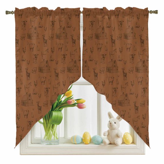 Farm Animals Swag Kitchen Curtain Valances, Brown Farmhouse Chicken Cow Sheep Pig House Country Rod Pocket Curtains Window Treatment Decor Valances for Bedroom Bathroom, 2 Panels 28 x 36 Inch