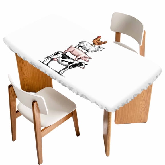 Farm Animals Table Cloths for 4 Foot Rectangle Tables, Watercolor Farmhouse Cow Pig Chickens Sheeps Patio Waterproof Elastic Fitted Tablecloths, Washable Rectangular Table Cover for Camping