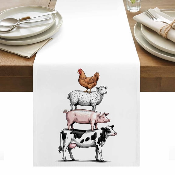 Farm Animals Table Runner 13 x 108 Inch, Cow Pig Chickens Countryside White Background Washable Cotton Linen Dining Table Runner Tabletop Decorations for Restaurant Home Kitchen Party