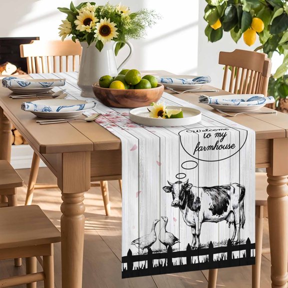 Farm Animals Table Runner, Farmhouse Black Gray Cow Duck Flower Gray Wood Grain Washable Kitchen Table Runners Dress Scarves for Dining Table Decorations Party/Restaurant/Indoor Outdoor Use, 13x36in