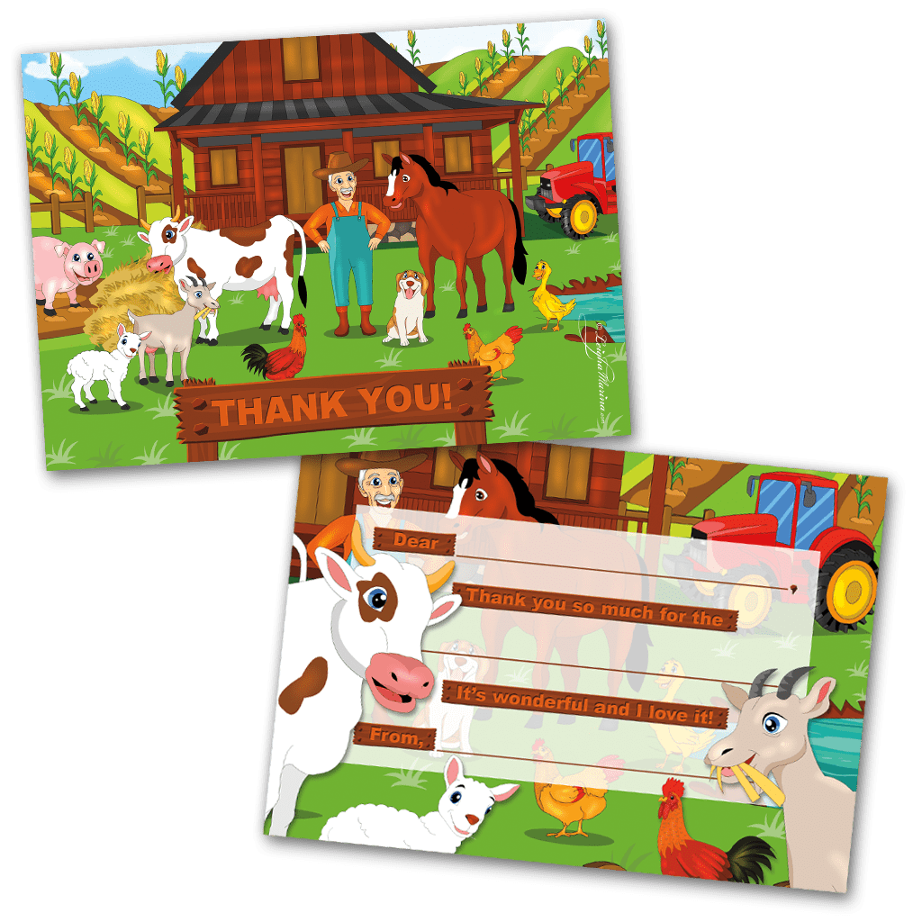 Farm Animals Thank You Cards for Kids, 20 Notes & 20 Envelopes