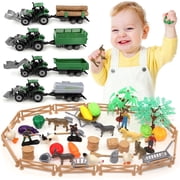 Farm Tractor Toys for Toddlers, 4 pcs Farm Tractor Toy with 50 pcs Farm Animals&Fence Figures, Farm Figures Farmer Truck with Trailer, Toys for Kids 3-6 Years Old