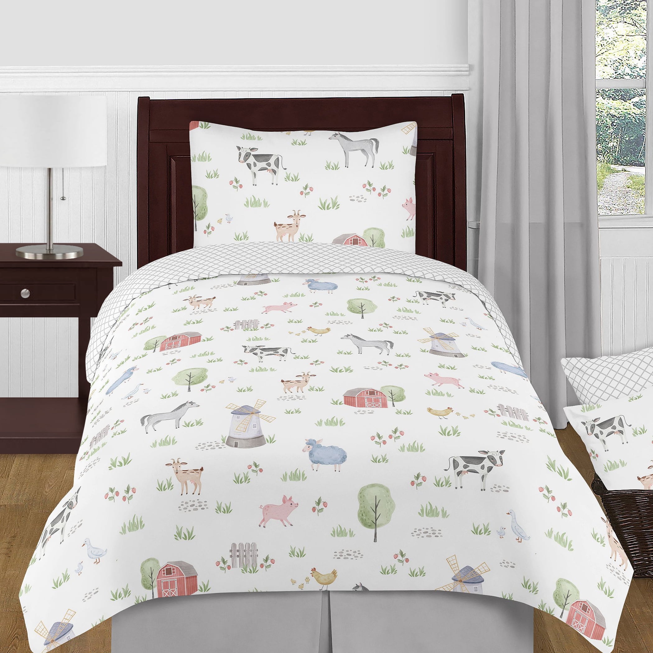 Gray Farm Animals Twin Microfiber Bedding Set