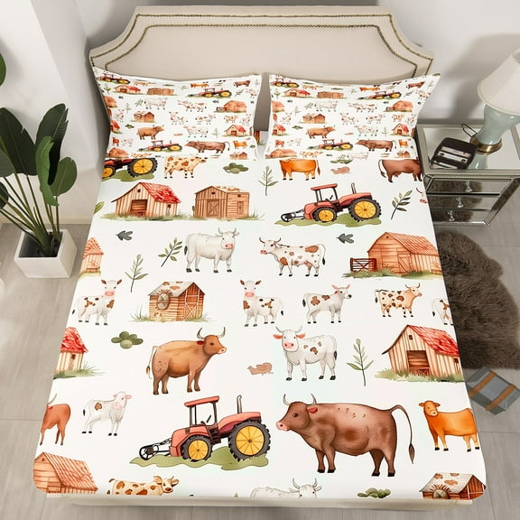 Farm Animals Twin Fitted Sheet,Countryside Rural Cow Bed Sheets,Cartoon Tractor Bedding Set,Rustic Farmhouse Sheets(No Top Sheet)