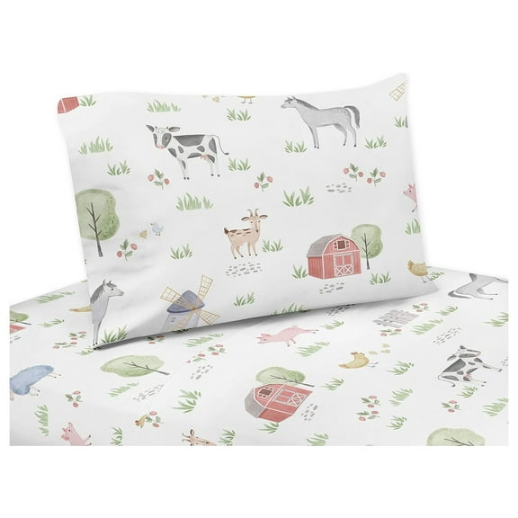 Farm Animals Twin Sheet Set - 3 Piece Set - Watercolor Farmhouse Horse Cow Sheep Pig