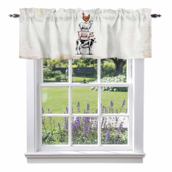 Farm Animals Valance Curtain for Windows Cow Pig Chickens Country White Brown Distressed Rod Pocket Curtain Valances Short Window Treatments Panels for Kitchen Bathroom Laundry Basement 56 x 16 Inch