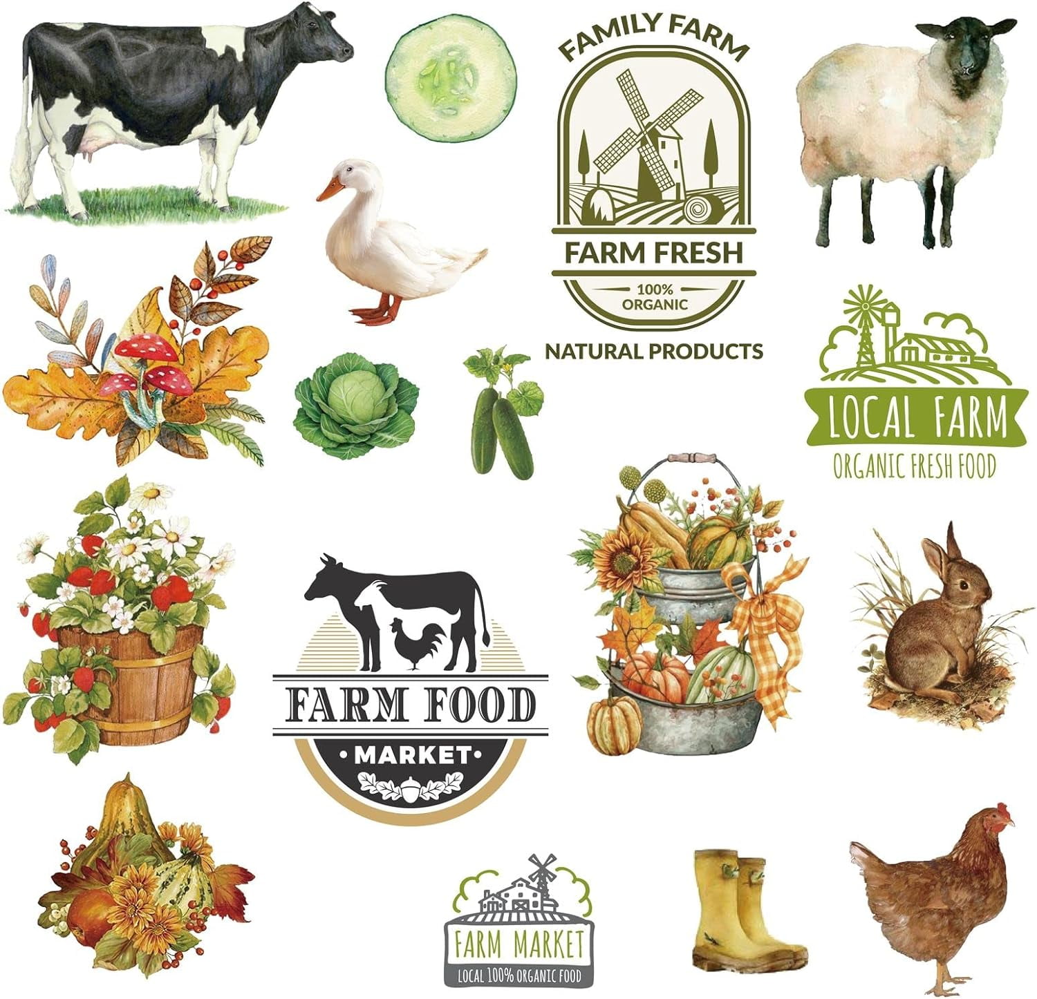 Farm Animals Wall Decals Farm Food Window Stickers Waterproof Removable Vinyl Wall Art for Garden Classroom Farm Bedroom Living Room Decorations