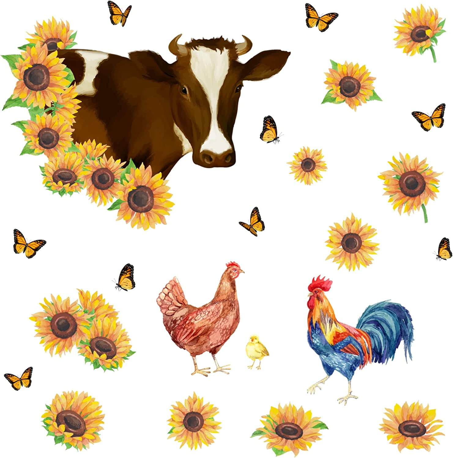 Farm Animals Wall Stickers Cow Wall Stickers Rooster Sunflower Rustic Wall Decals Peel and Stick Vinyl Removable Wall Art Stickers for Farmhouse Kitchen Dining Room Decorations