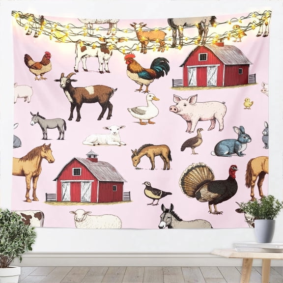 Farm Animals Wall Tapestry for Bedroom Rustic Barn Farmhouse Aesthetic Horse Cow Pig Duck Donkey Goose Small 51x59 Inch Country Hanging Wall Art