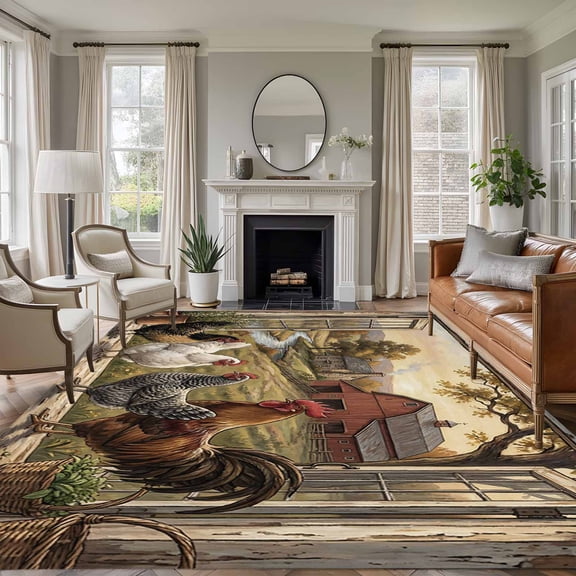 Farm Animals Washable Living Room Rugs 5'x7', Pastoral Landscape Farmhouse Rooster Hen Chicken Barn Low Pile Throw Large Area Rugs Non-Slip Sturdy Edge Binding Carpet for Dining Room Bedside Kitchen