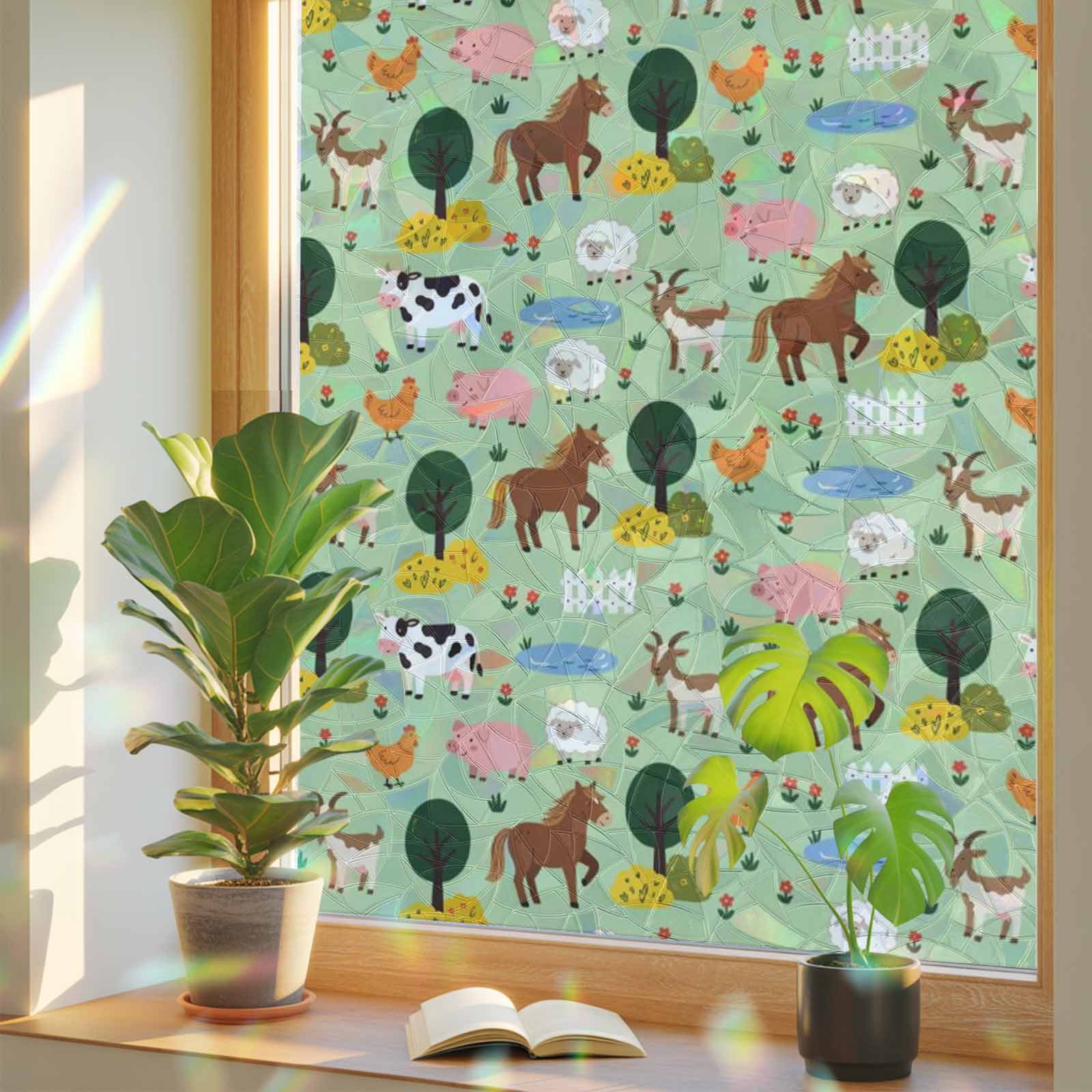 Farm Animals Window Privacy Film, Cute Cow Pig Horse Country Garden ...