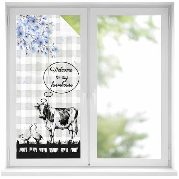 Farm Animals Window Privacy Film, Farmhouse Black Gray Cow Duck Blue Peach Blossoms Plaid Frosted Glass Window Clings Static Cling UV Heat Blocking Reusable Door Sticker for Bathroom 19.6 x 39.3 Inch