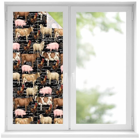 Farm Animals Window Privacy Film, Farmhouse Chicken Cow Sheep Pig Rustic Country Black Frosted Glass Window Clings Static Cling UV Heat Blocking Reusable Door Sticker for Bathroom 17.7 x 39.3 Inch