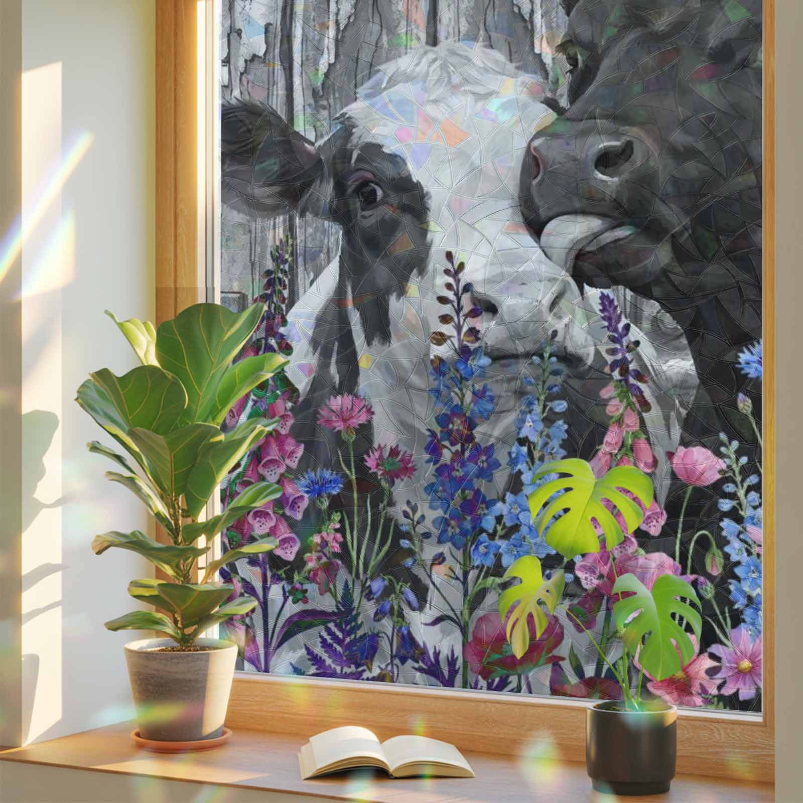 Farm Animals Window Privacy Film, Funny Pair Cows Rustic Wildflower ...