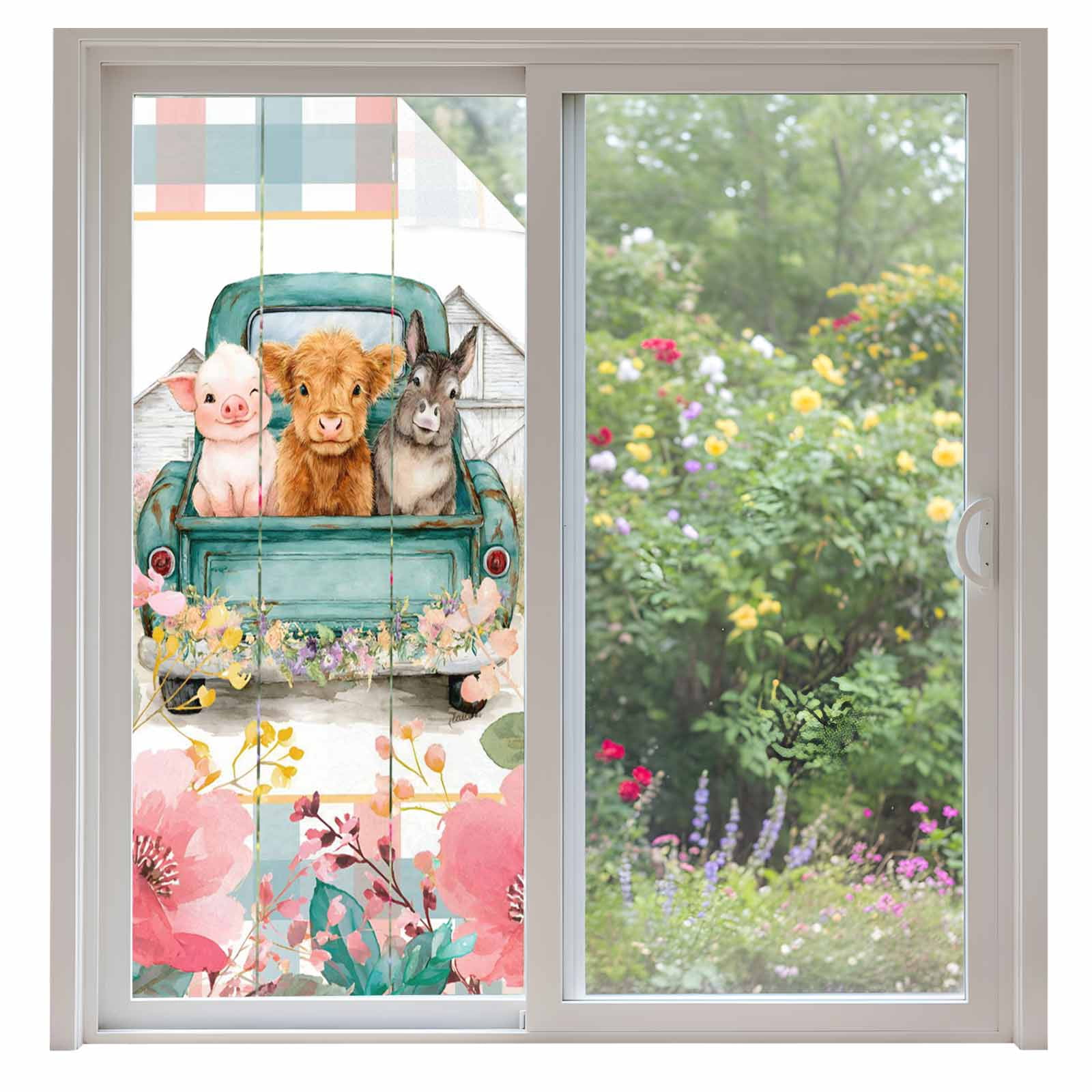 Farm Animals Window Privacy Film, Funny Pig Cow Donkey Retro Truck ...