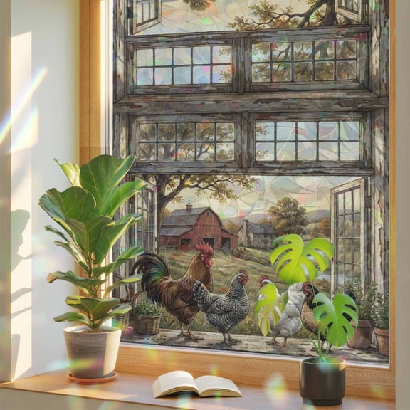 Farm Animals Window Privacy Film, Pastoral Landscape Farmhouse Rooster Hen Chicken Barn Stained Glass Rainbow Film Decorative Window Clings, Static Cling Sun Blocking Stickers 17.7" x 39.3"