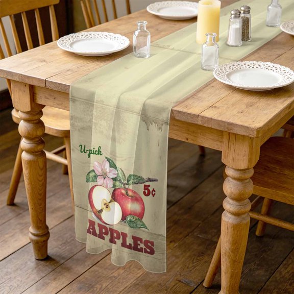 Farm Apples Floral Leaf 4.5ft Cheesecloth Table Runner for Dining 19"x55", Art Vintage Country Wood Texture Kitchen Dinner Sheer Tulle Chiffon Dresser Scarf, Holiday Party Decorations