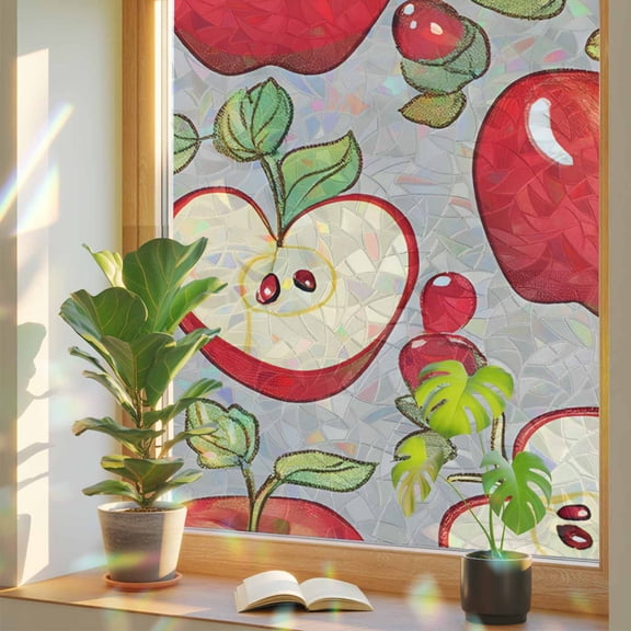 Farm Apples Leaves Watercolor Fruit Art Window Privacy Film, Rainbow Film Decorative Window Sticker 17.7x39.3in, Red Gray Sun Blocking Static Stained Glass Cling Tint Non-Adhesive