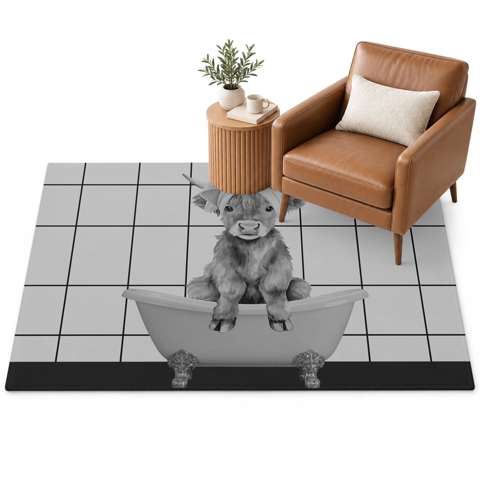 Farm Area Rug 3'x5', Gray Shower Cap Tub Funny Calf Farmhouse Plaid ...